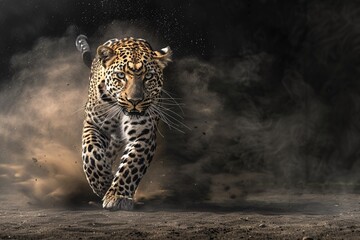 Wall Mural - Leopard charging towards the viewer in low light, motion blur and dust evident, with detailed fur texture and dynamic posture.