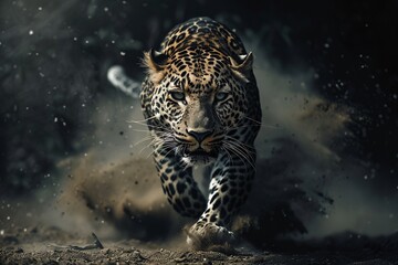 Wall Mural - Leopard running swiftly, motion blur, dust flying, dynamic, high contrast, detailed skin texture, dark backdrop.