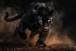 Panther in motion at night, dust trails, dynamic pose, detailed texture, low light, high contrast.
