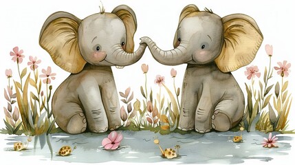 Sticker -   Two elephants stand on a green field surrounded by blooming flowers against a pure white background