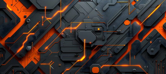 A high-definition camera style image of modern abstract wallpaper with crisp lines and geometric shapes in charcoal grey and neon orange