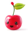 Animated cherry with a big smile and single leaf on white background