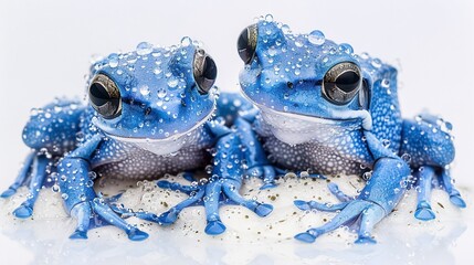 Wall Mural -   A pair of blue frogs rest beside one another on a sheet of white paper, adorned with droplets of water