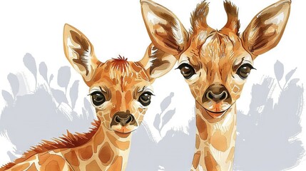 Sticker -  Two giraffes stand side-by-side against a white backdrop with a cast shadow of another giraffe