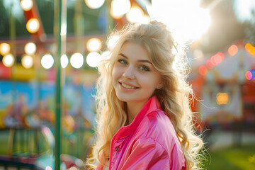 Wall Mural - Bright summer concept. A cheerful blonde girl in pink jacket is having fun in the amusement Park. The woman looks happily at the camera with an open kind smile