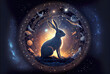 Rabbit zodiac constellation star sign and symbol in the universe with shining stars background. Generative AI