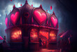 Heart decorated store in the city background. Valentines day and romance concept. Digital art fantasy illustration. Generative AI