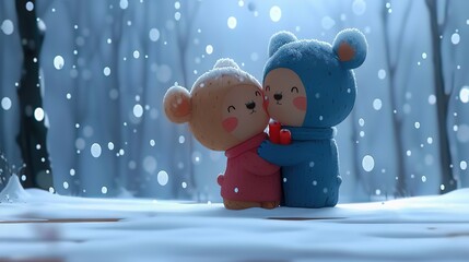 Poster -   Two  bears sit side by side on a snowy field amidst a forest backdrop