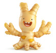 Joyful ginger root character with open arms and a smiling face on a white background