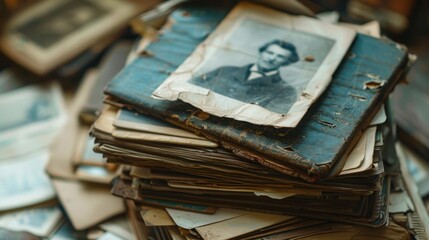 Wall Mural - A collection of worn-out books piled up, featuring a portrait of a man on one of the book covers.