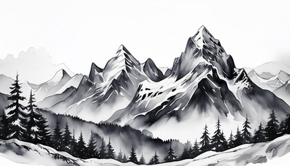 Wall Mural - watercolour black and white mountains in winter with white background