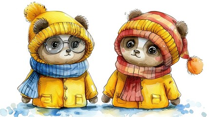 Sticker -   Two  bears in warm clothing and hats, one with a scarf and the other with a hat and scarf