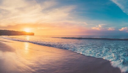 Wall Mural - closeup sea waves sand beach panoramic beach landscape inspire tropical coast seascape horizon stunning sunset sunlight colors tranquil peaceful sky calm water happy positive vacation travel mood