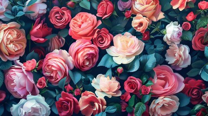 A vibrant tapestry of blooming roses in a vivid array of colors
