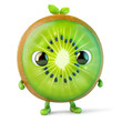 Kiwi slice character with a surprised look and green leaves on top, on a white background