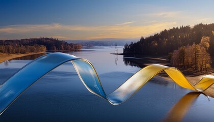 Wall Mural - 3d render abstract background in nature landscape transparent glossy glass ribbon on water yellow and blue colors curved wave in motion modern design element for banner background wallpaper