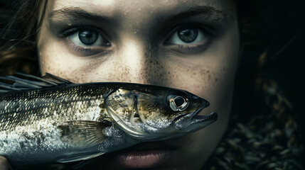 Wall Mural - a woman's face at its center, with one clear and detailed fish positioned in her mouth