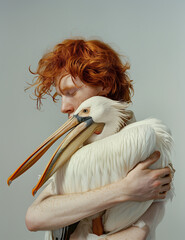 Old Fairy Tale concept. Close up portrait of handsome red-haired young man holding a white pelican over light gray background. Retro, classic, vintage postcard style. Studio shot