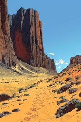 Poster - A desert scene with a mountain in the background and some rocks, AI