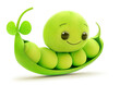 Content pea character cradled in its pod with clover-like sprout on white background