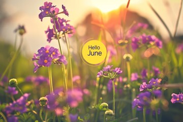 Poster - spring meadow with purple flowers, yellow circle and text inside the circle says 
