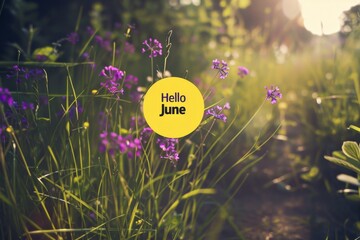 Poster - spring meadow with purple flowers, yellow circle and text inside the circle says 