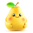 Cute yellow pear character with a green leaf isolated on white
