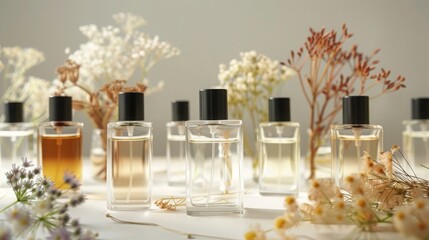 Aufkleber - A collection of various perfume bottles surrounded by an array of delicate dried flowers on a neutral background.