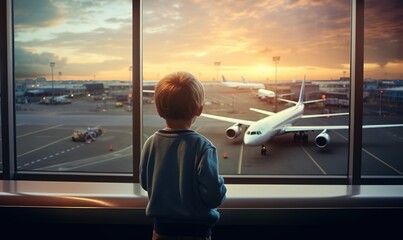 little boy waiting boarding to flight in airport transit hall and looking through the window at airp