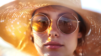 Wall Mural - a person wearing a wide-brimmed sun hat and round sunglasses. Their face is intentionally blurred for privacy