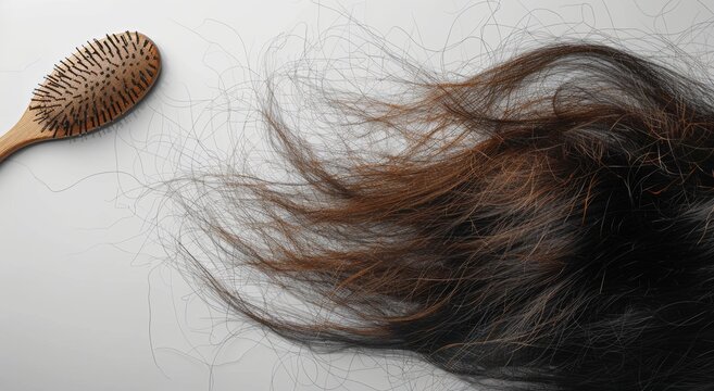 A hairbrush with long, thin hairs on it lying next to an empty white background, symbolizing the concept of male pattern baldness and woman's weight loss in one frame. The photo is taken 