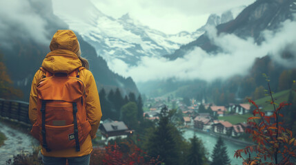 Lone traveler in a yellow jacket stands overlooking the scenic Wengen village surrounded by autumn colors and misty mountains, capturing the essence of adventure and tranquility.