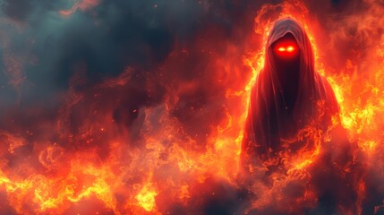 Canvas Print - A hooded figure with glowing eyes in a fiery background, AI