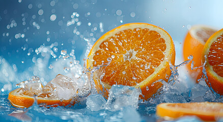 Orange in a splash of water on a blue background.