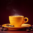 Steaming yellow coffee cup with coffee beans on a dark background with copy space