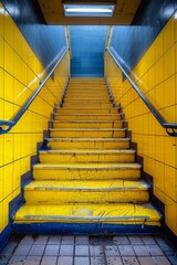 Canvas Print - A yellow and blue tiled stairs leading to a door, AI