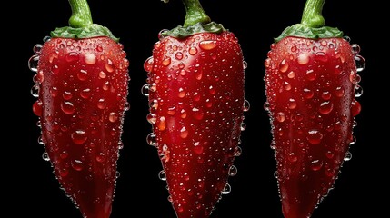   Two red peppers, close-up, black background, droplets of water