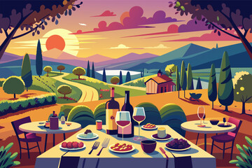 Al fresco vineyard dinner with a sunset view, wine pairings for each course, and soft music