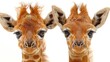   Two giraffe heads in close-up, with one facing the camera and the other turned away