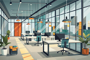 Aufkleber - A modern office space with glass partition walls, concrete floors, and minimalist metal desks