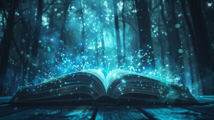 Aufkleber - An open book glows with a mystical light among twilight-tinged trees.