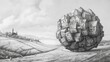  realistic pencil drawing, ball consisting of houses rolls down a meadow, concept: Downturn, slowdown in real estate sector, 16:9