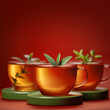 Herbal tea in glass cups with fresh leaves on red backdrop with copy space.