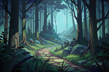 Poster - A misty forest path winding through dense undergrowth, with shadows dancing in the fog and creating an eerie and enchanted ambiance
