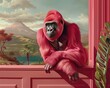 The playful demeanor of a pink gorilla as it stares suspiciously at the camera lens, creating a lighthearted and amusing scene