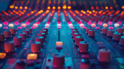 Amidst a sea of colorful LED meters, a close-up shot focuses on the intricate array of knobs and sliders on the mixing console, each one a portal to sculpting sound, as a sound eng