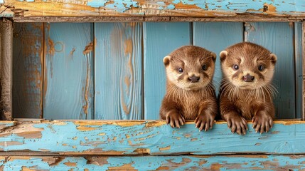 Canvas Print -   Two baby otters peer out from a blue wooden window, with peeling paint