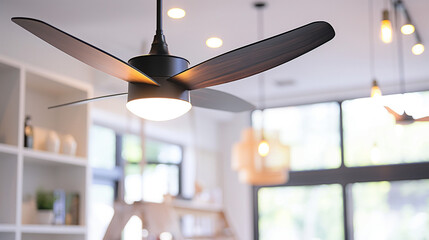 Close-up view: With the soft glow of pendant lights overhead, builders work diligently to install sleek, modern ceiling fans that offer both style and functionality in modern, brig