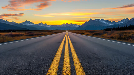 A straight road stretches into the distance, flanked by yellow dividing lines. The road appears well-maintained and devoid of any vehicles