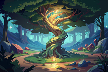 A magical forest with mystical creatures and fairies Illustration